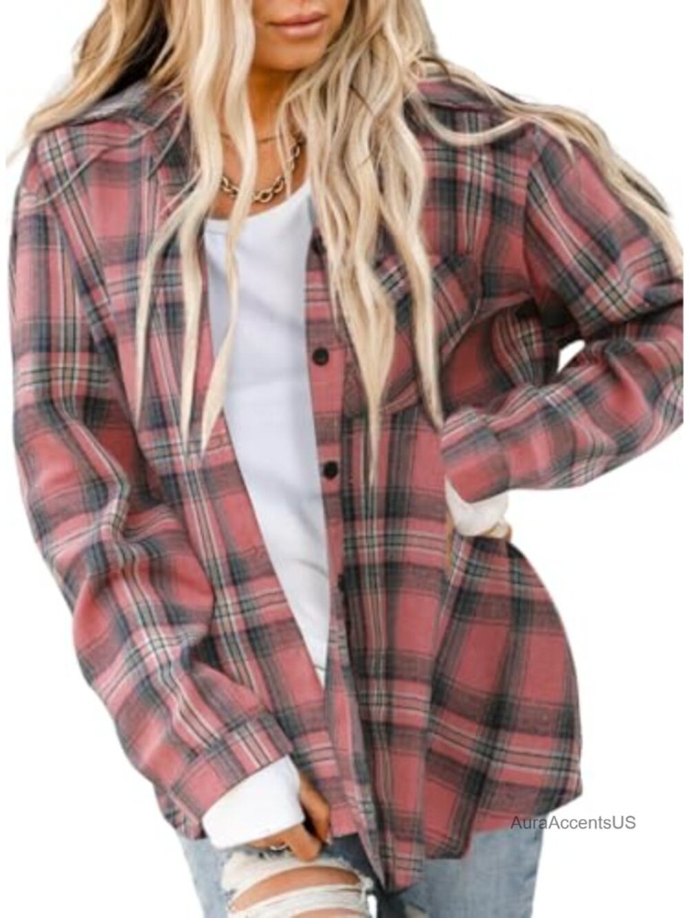 Womens Buffalo Plaid Flannel Button Down Shirt Long Sleeve Casual Tunic